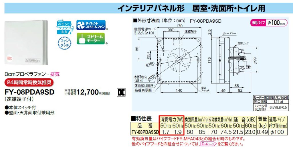 引用:当社で使用している浴室換気扇のカタログ性能値(Panasonic)